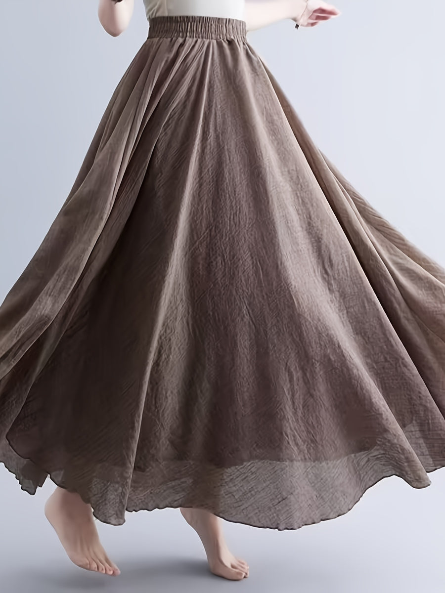 Solid Color Ethnic Style Literary Double-Layer Non-See-Through Midi Skirt for Women, Spring Summer Autumn Zen Style Long Dress with Wide Hem, High Waist Flowy - Khaki color