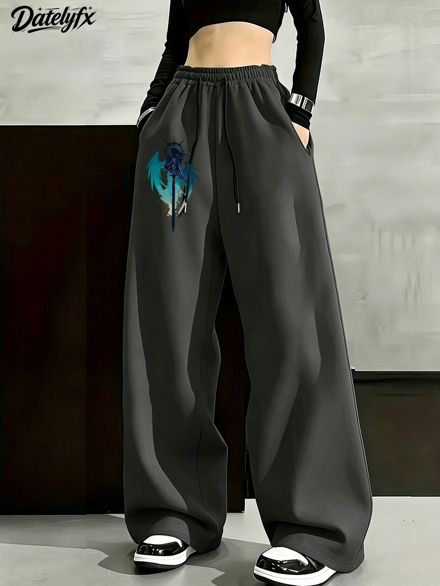 Women'S All-Season Long Pants, Back-To- Season Sword Wing Warrior Theme Printed Casual Trousers, Elastic Waist Drawstring Design, Daily Commute/Campus/Casual Outing Versatile Style - Dark Gray