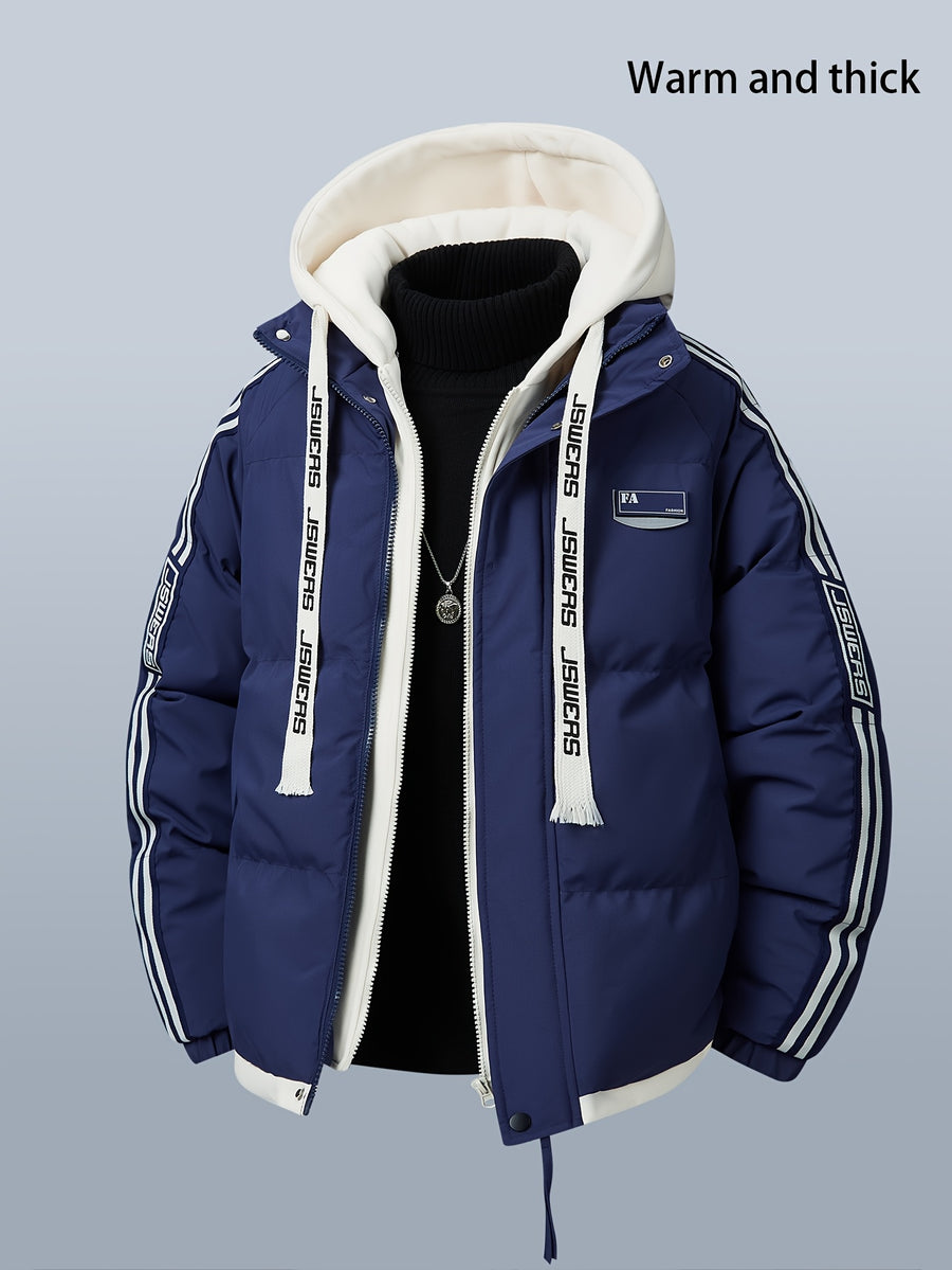 A Stylish And Cozy Hooded Jacket for Men, Featuring a Faux Two-Piece Design, Perfect for Winter - Dark Blue