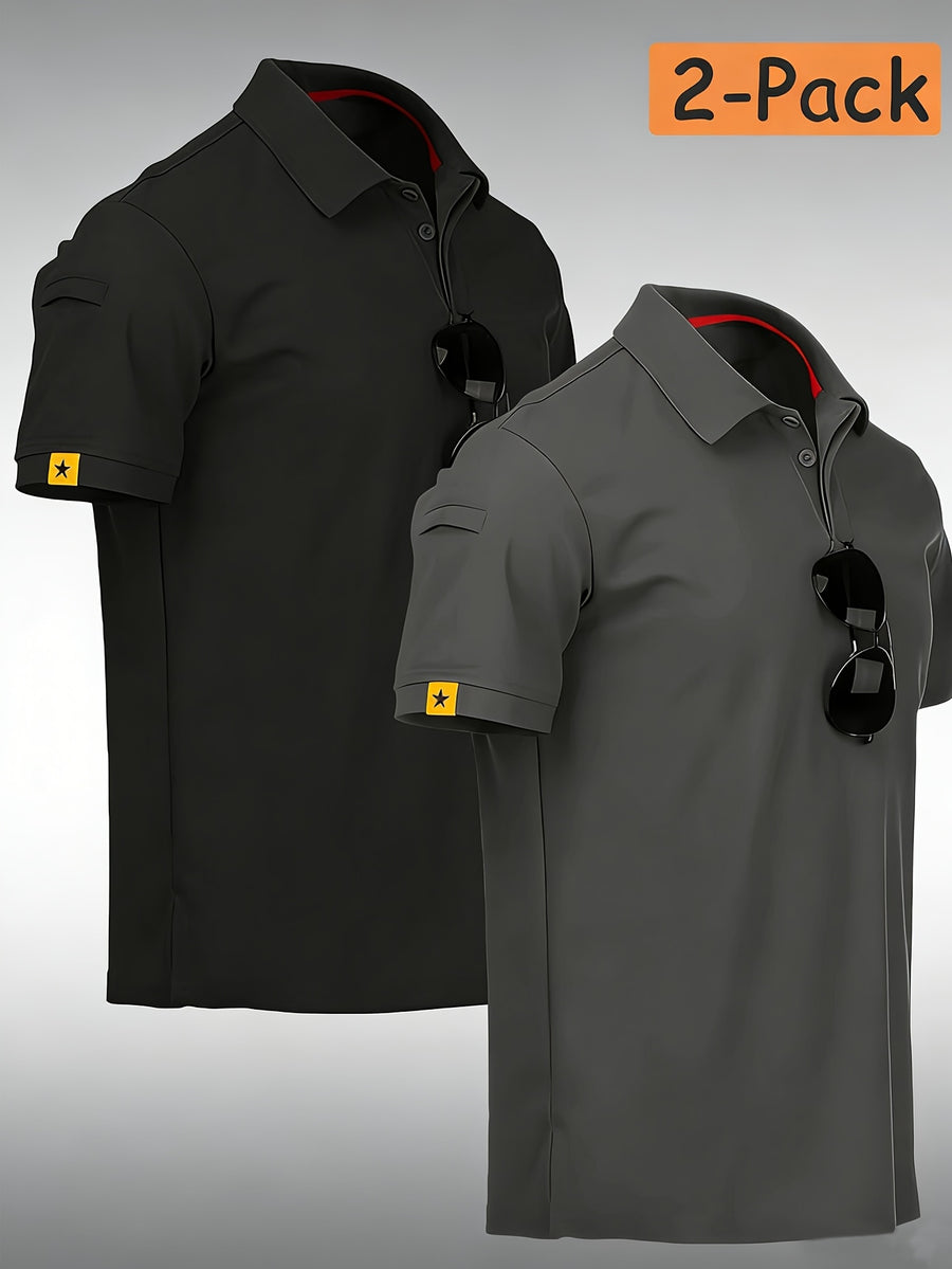 2pcs Summer Quick-Dry Lightweight Breathable Men'S Short Sleeve Loose T-Shirt Breathable Lapel T-Shirt Outdoor Riding Casual Short Sleeve Top, Additions Not Included - Black Gray
