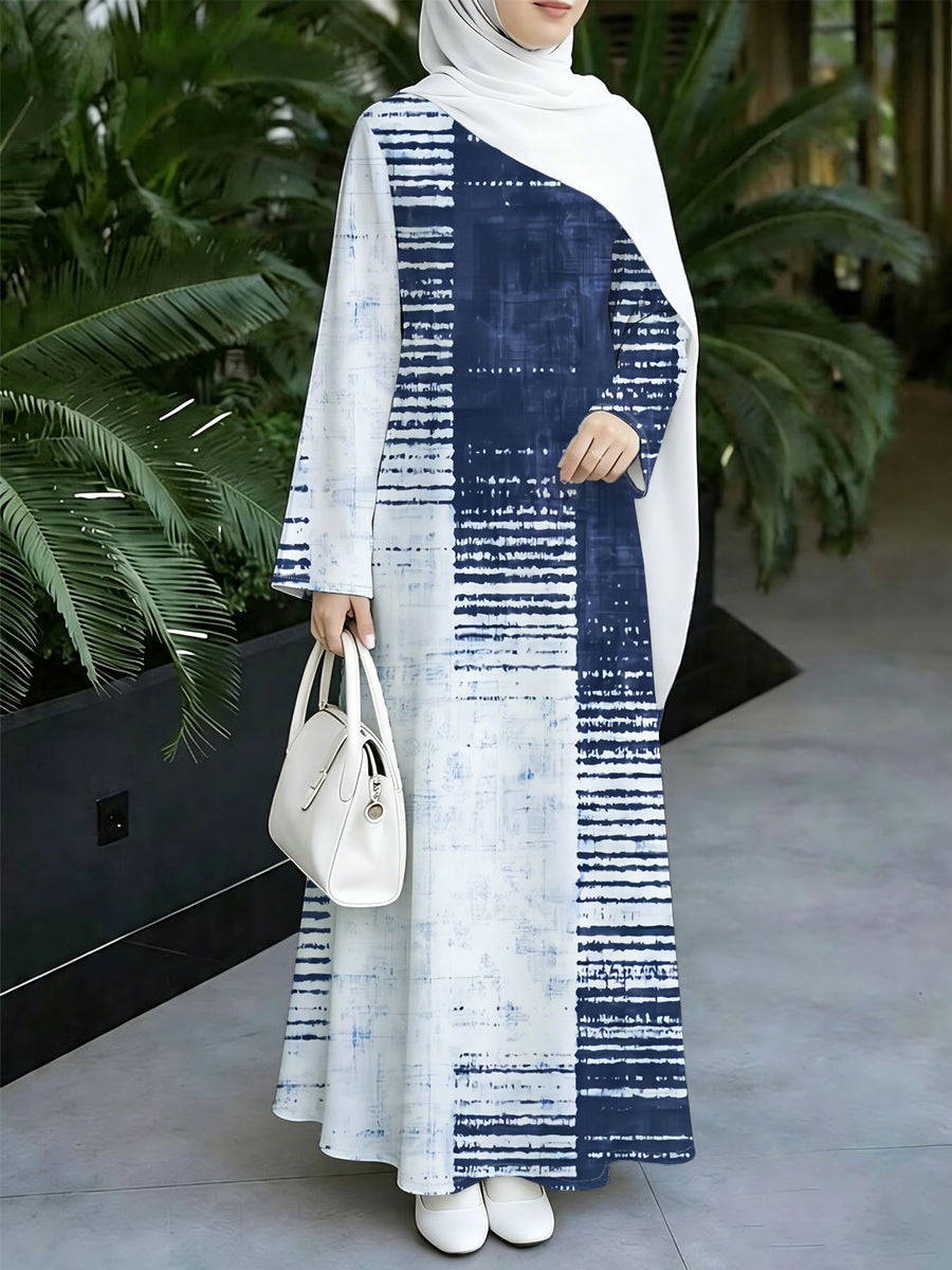 Asian Size 1pc 2D Flat Printed Design Muslim Robe Women's Khaki Grey Plaid Striped Patchwork Long Sleeve Abaya Maxi Dress Daily Commuting and Home Wear - Eid Festival Dress Prayer, Family Gathering -Comfortable Abayas Robe Middle, 2D Flat - Mix color 5