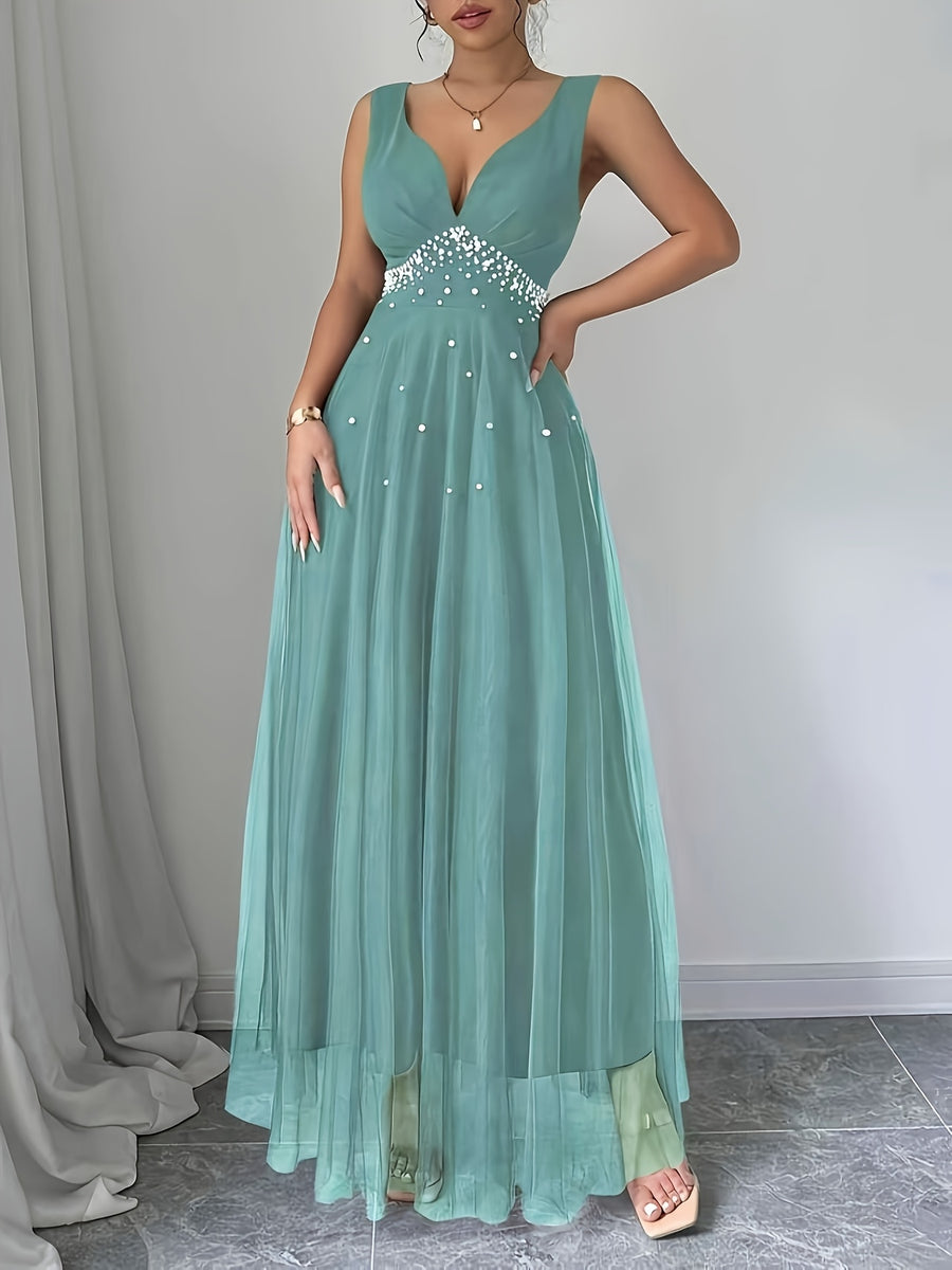 Elegant Women's Heart-Neckline Pearl Spandex Mesh Banquet Flared Long Dress, Elegant Party Dress for Spring/Summer, Suitable for Parties, Dinners, and Weddings, High-Quality Evening Gown, Modern, Elegant, and Chic Women's Long Party Dress - Light Green
