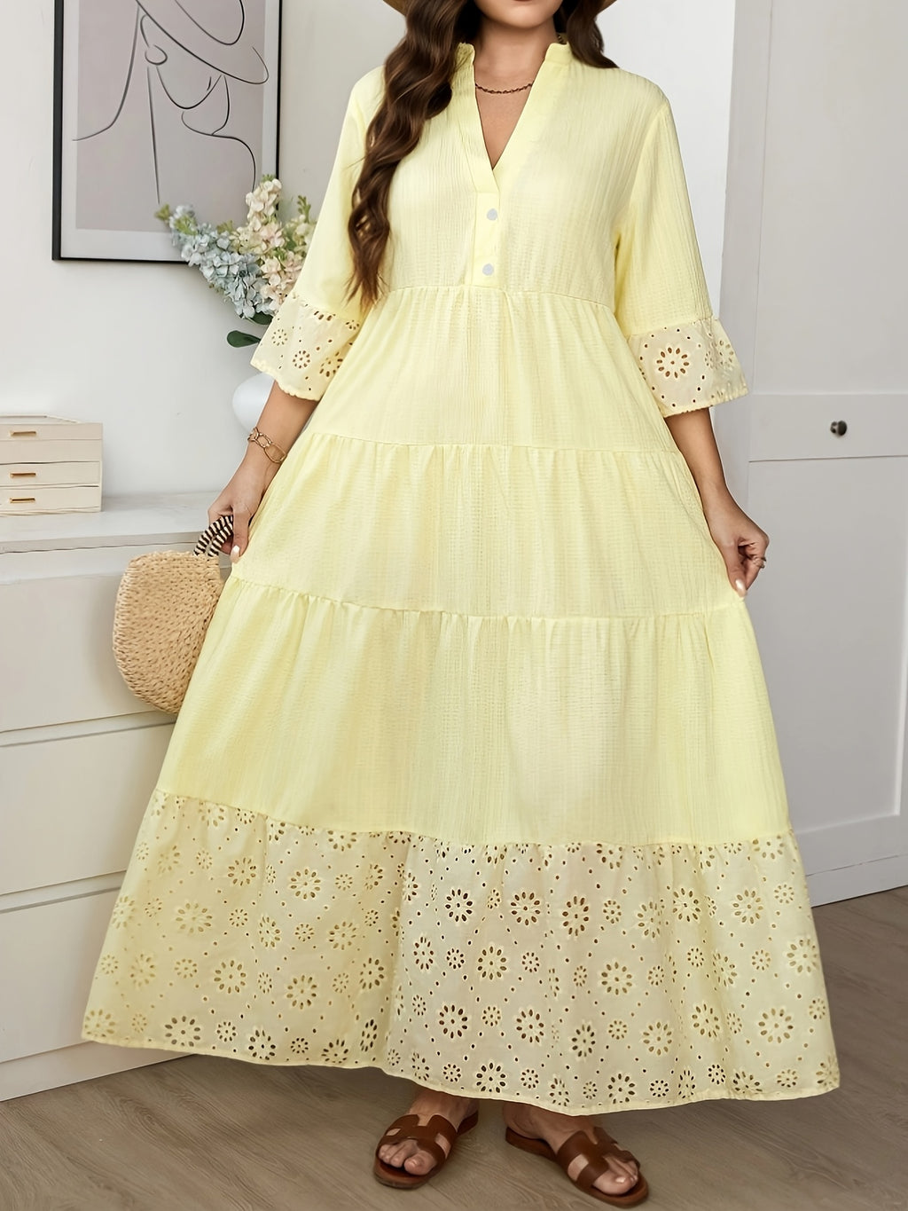 Plus Size - Yellow V-Neck Hollow-Out Embroidered Dress, Plus Size Women'S Stand-Up Collar Sleeve And Hem Hollow Design, Loose Vacation Style Long Dress - Yellow