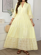 Plus Size - Yellow V-Neck Hollow-Out Embroidered Dress, Plus Size Women'S Stand-Up Collar Sleeve And Hem Hollow Design, Loose Vacation Style Long Dress - Yellow