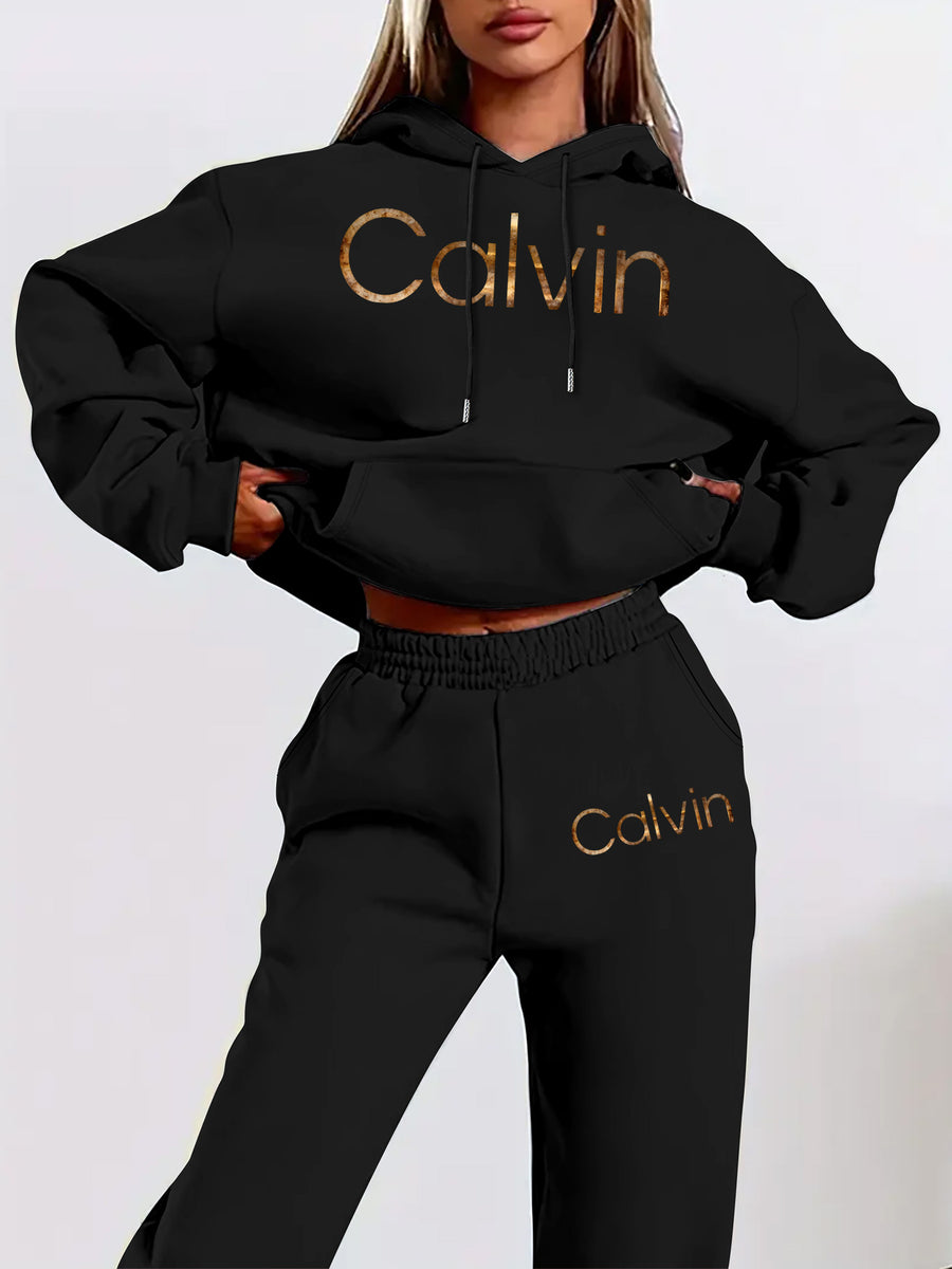 Graphic Print Two-Piece Set, Crew Neck Sweatshirt And Pants, Women'S Clothing - Black