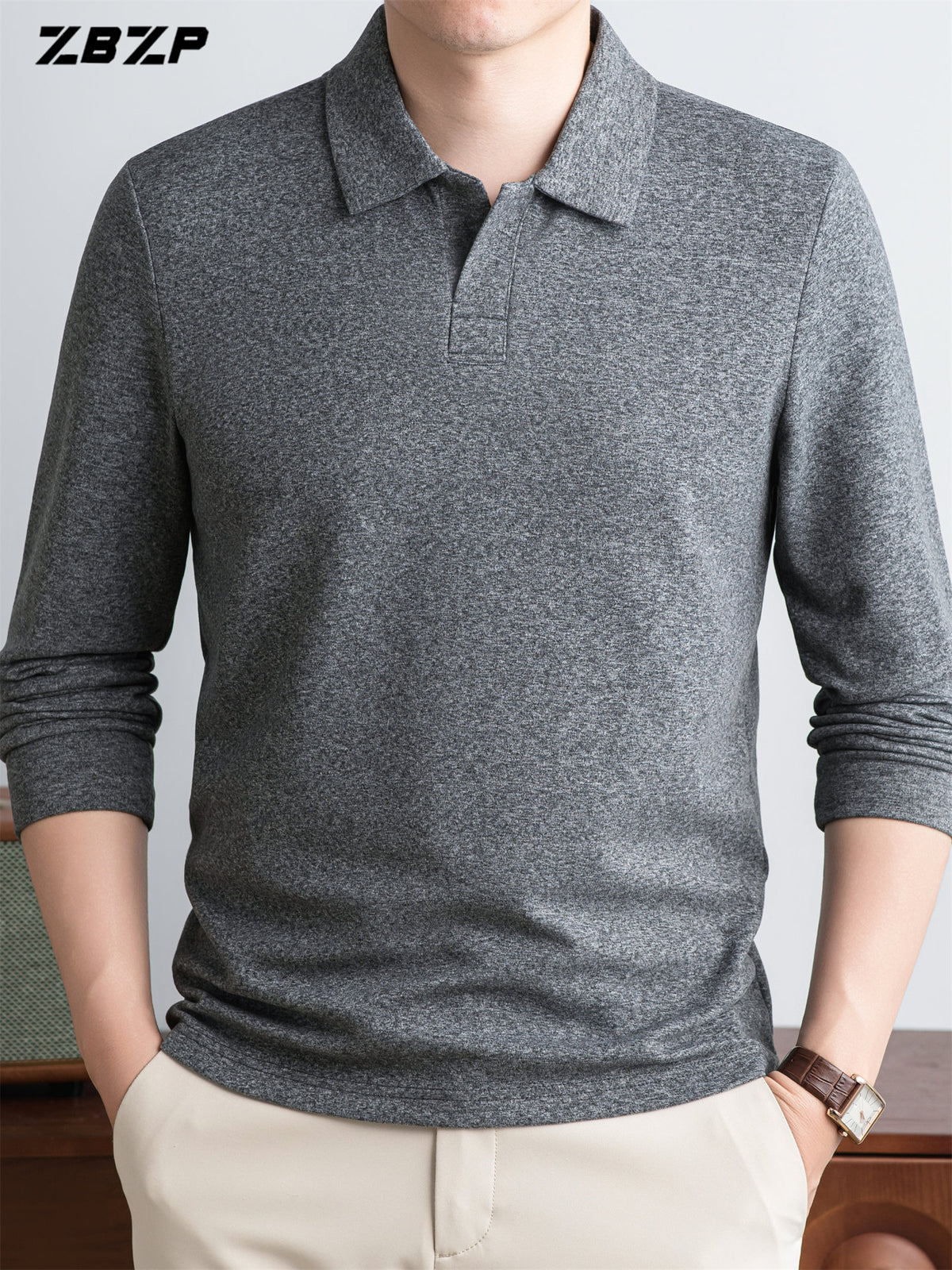 ZBZP New Spring, Autumn, Winter F-Collar Fashion Long-Sleeve Pullover T-Shirt for Young Men, Loose Fit Casual Long-Sleeve Top, Men's Clothing XFN - Light Grey