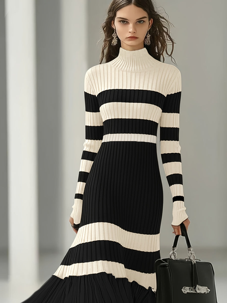 French-Style Elegant High Neck Striped Color-Block Dress for Women, Designer Over-the-Knee Slim-Fit Base Layer Hip-Hugging Skirt - Black