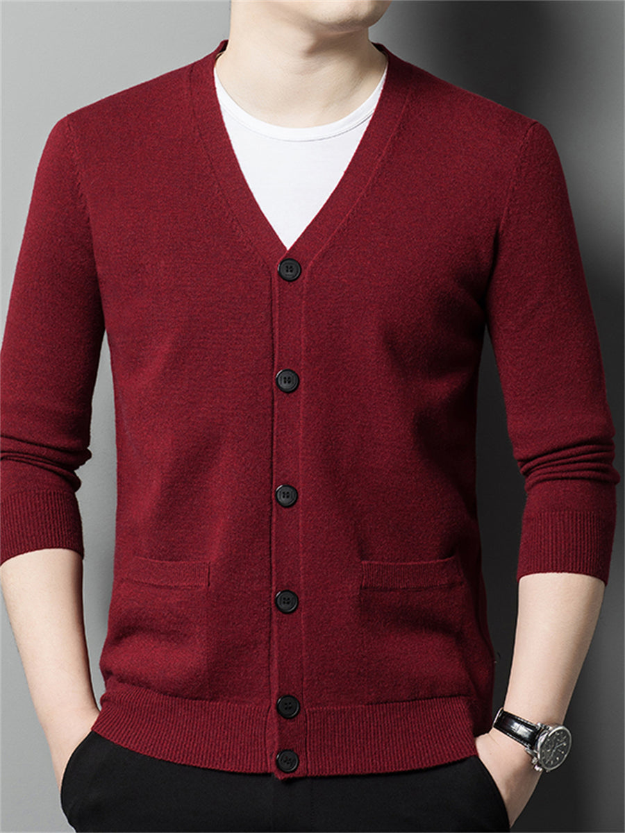 Autumn Winter Knit 3D Solid Color V-Neck Sweater, Basic Knit Cardigan for Men, Fashionable Long Sleeve Sweater, Cangyuan Y - Red