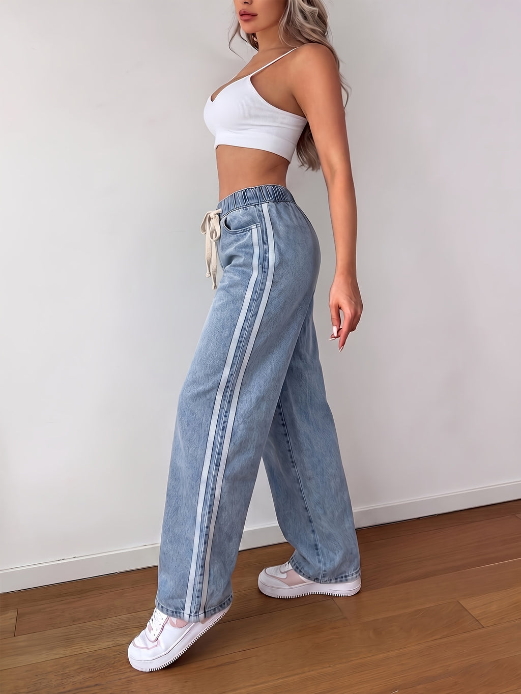 Light Blue Washed Wide-leg Jeans for Women with Elastic Drawstring Waist, Side Stripe Design, Loose Drape, and Casual Straight-leg Trousers - Light Blue