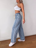 Light Blue Washed Wide-leg Jeans for Women with Elastic Drawstring Waist, Side Stripe Design, Loose Drape, and Casual Straight-leg Trousers - Light Blue