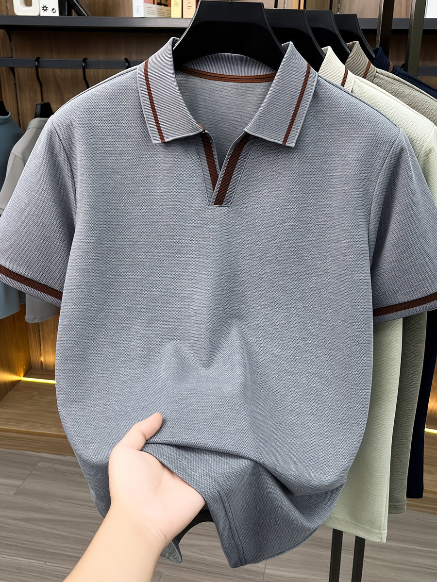 Men's Lapel Button- Polo Shirt, Summer Breathable T-Shirt, Men's Sport Top, Commuting Office / Weekend Casual / Golf, Tennis Top Dual-Wear T-Shirt - Grey