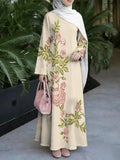 Women'S Hot Middle Eastern Style Muslim Elegant Robe, Beige with Peony Floral Print, Loose Long Sleeve Flowing Cut, for Prayer, Outings, And Banquets, Lightweight And Breathable Non- Craft - Mixed colors