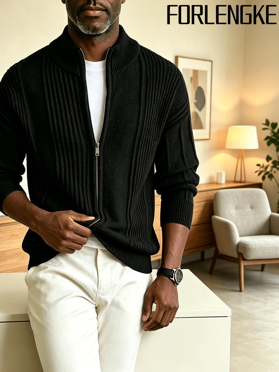 FORLENGKE 2026 New Men Business Casual Stand Collar Full Zip Vertical Ribbed Knit Cardigan, Soft Thick Loose Long Sleeve Sweater Jacket for Fall Winter Office Daily Wear - Black