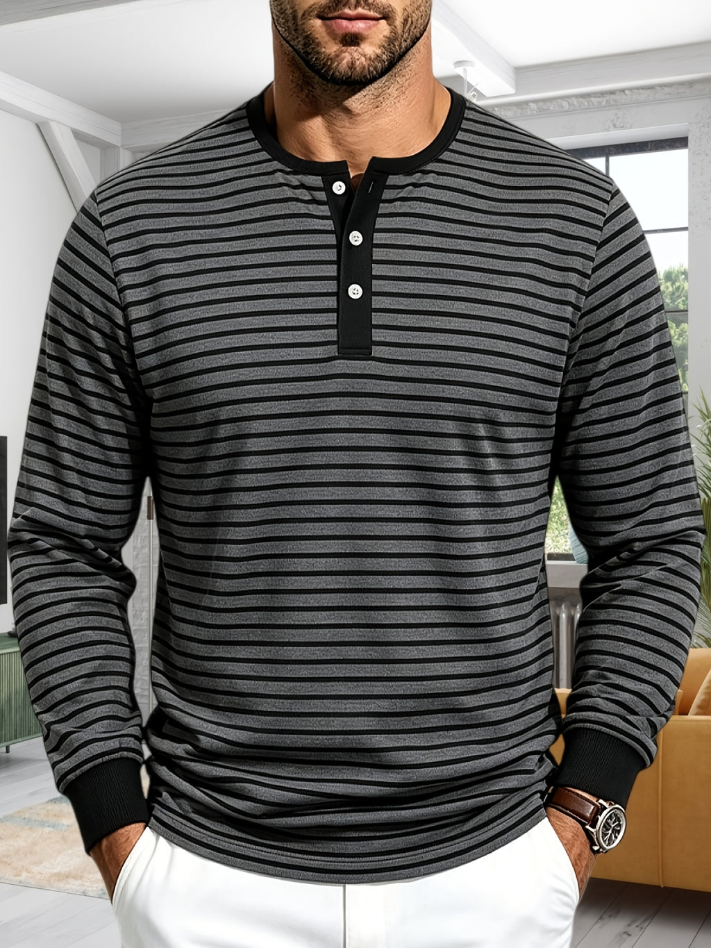 Men'S Spring Autumn Casual Loose Easy Striped Outdoor Commuter Long Sleeve Henley Shirt - Dark Gray