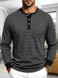 Men'S Spring Autumn Casual Loose Easy Striped Outdoor Commuter Long Sleeve Henley Shirt - Dark Gray