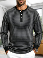 Men'S Spring Autumn Casual Loose Easy Striped Outdoor Commuter Long Sleeve Henley Shirt - Dark Gray
