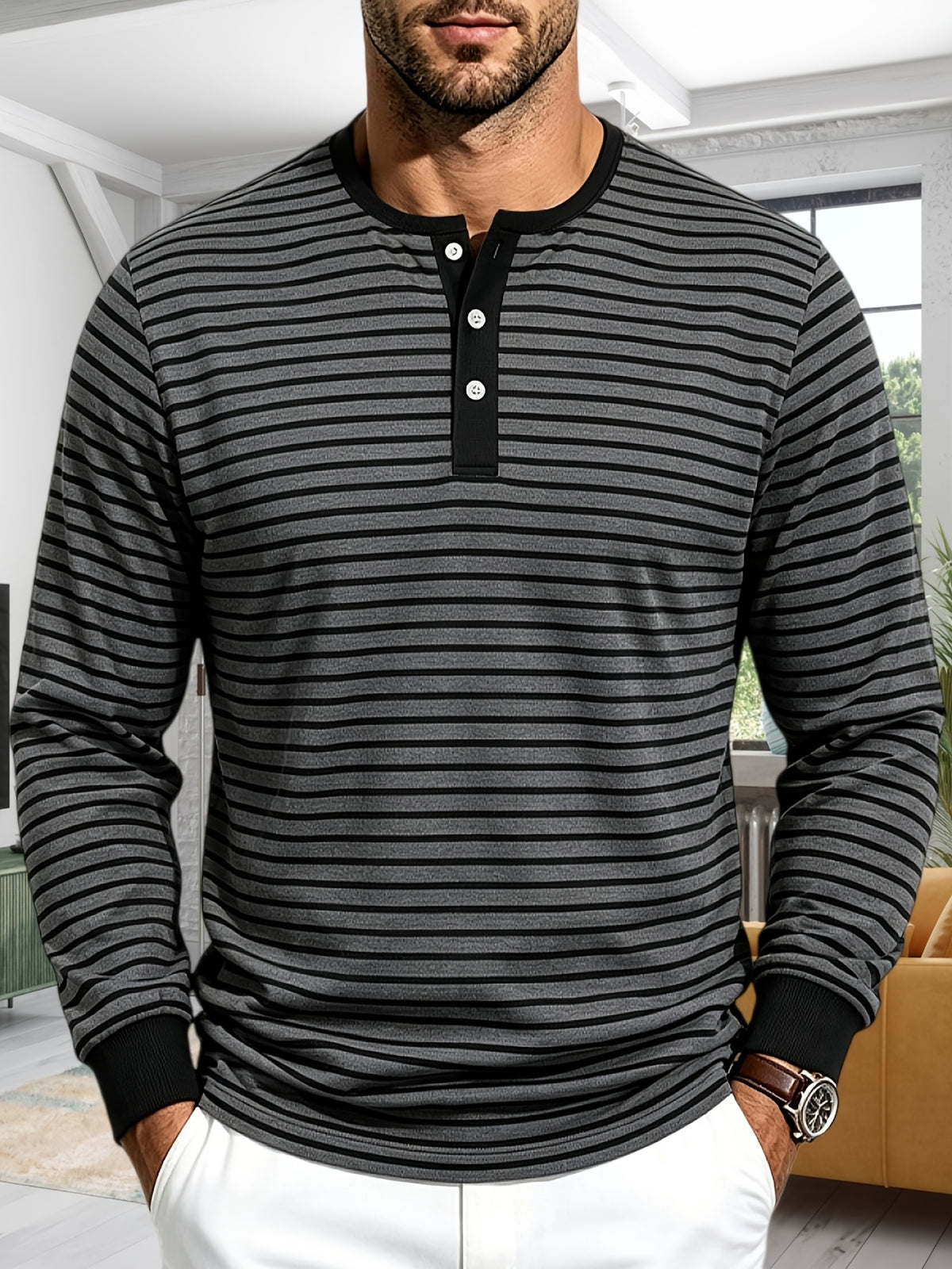 Men'S Spring Autumn Casual Loose Easy Striped Outdoor Commuter Long Sleeve Henley Shirt - Dark Gray