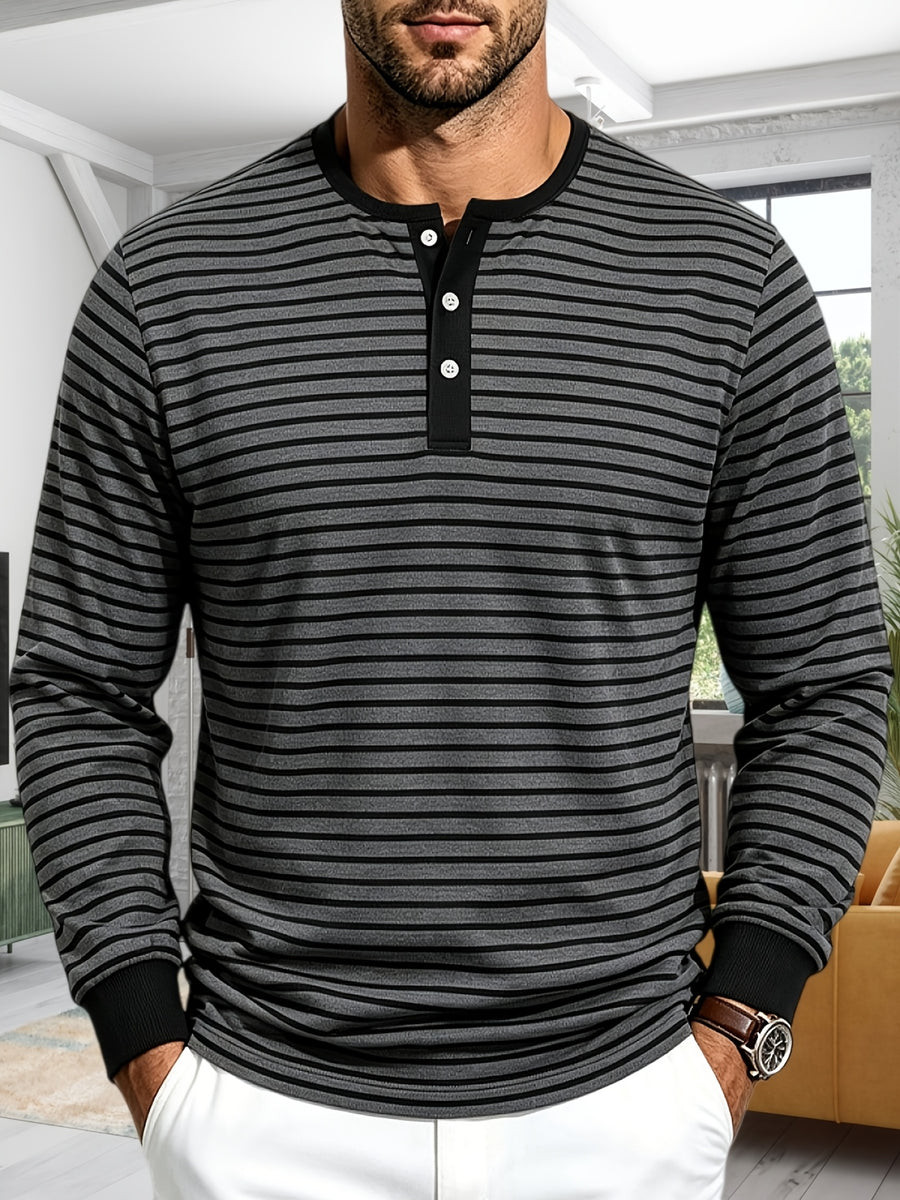 Men'S Spring Autumn Casual Loose Easy Striped Outdoor Commuter Long Sleeve Henley Shirt - Dark Gray