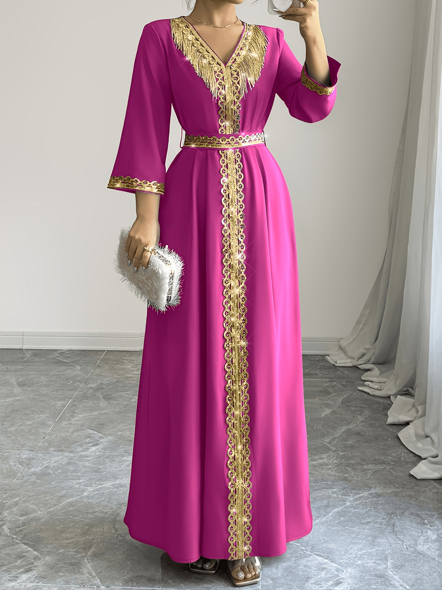 2026 New Abaya Robe Style Kimono Sleeve Long Dress V-Neck Caftan Robe Wrap Style Front Panel High Waist Empire Line Floor Length Dress Golden Lace Trim Sequined Embroidery Golden Bead Trim Golden Contrast Ruffle Tie Waist Skirt Muslim Fashion Arabic - Rose Red