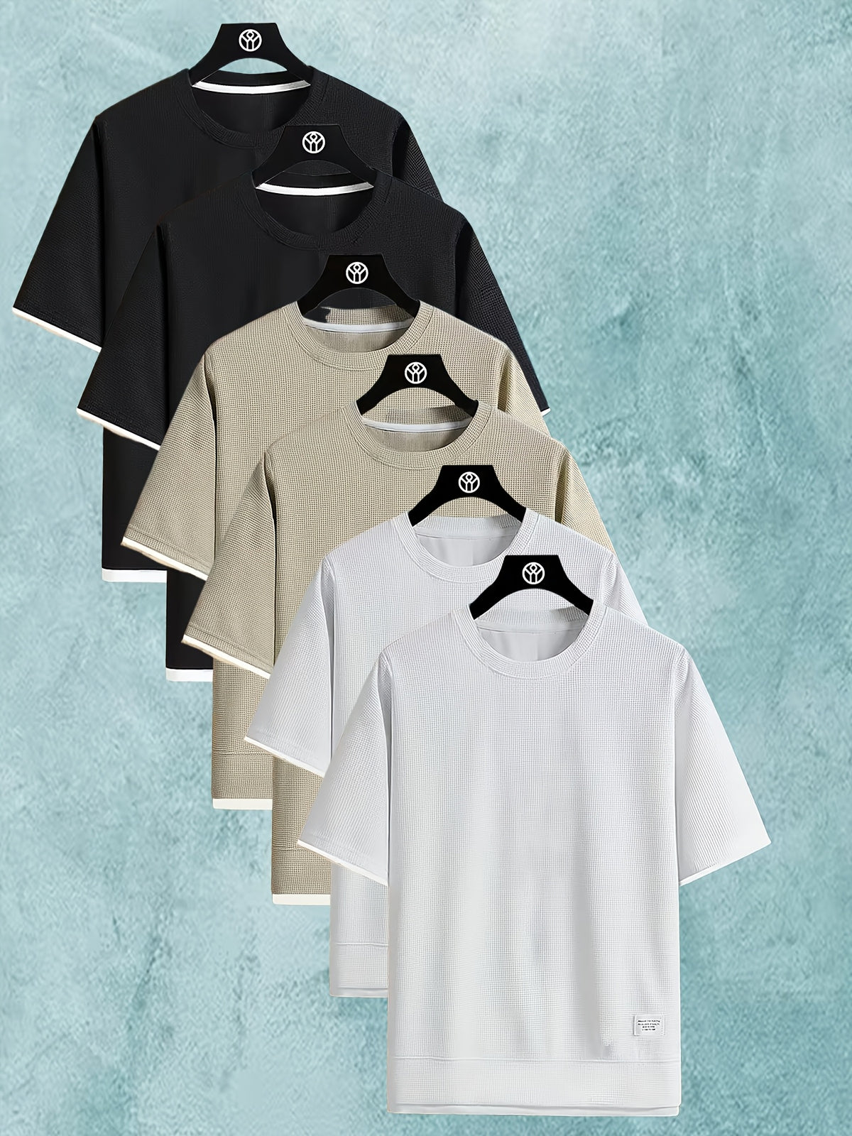 6pcs Men's Lightweight Waffle Knit Short Sleeved Round Neck T-shirt - Casual Summer Top with Contrasting Cuffs and Hem, Polyester Fiber, Suitable for Fitness and Casual Wear - Style4