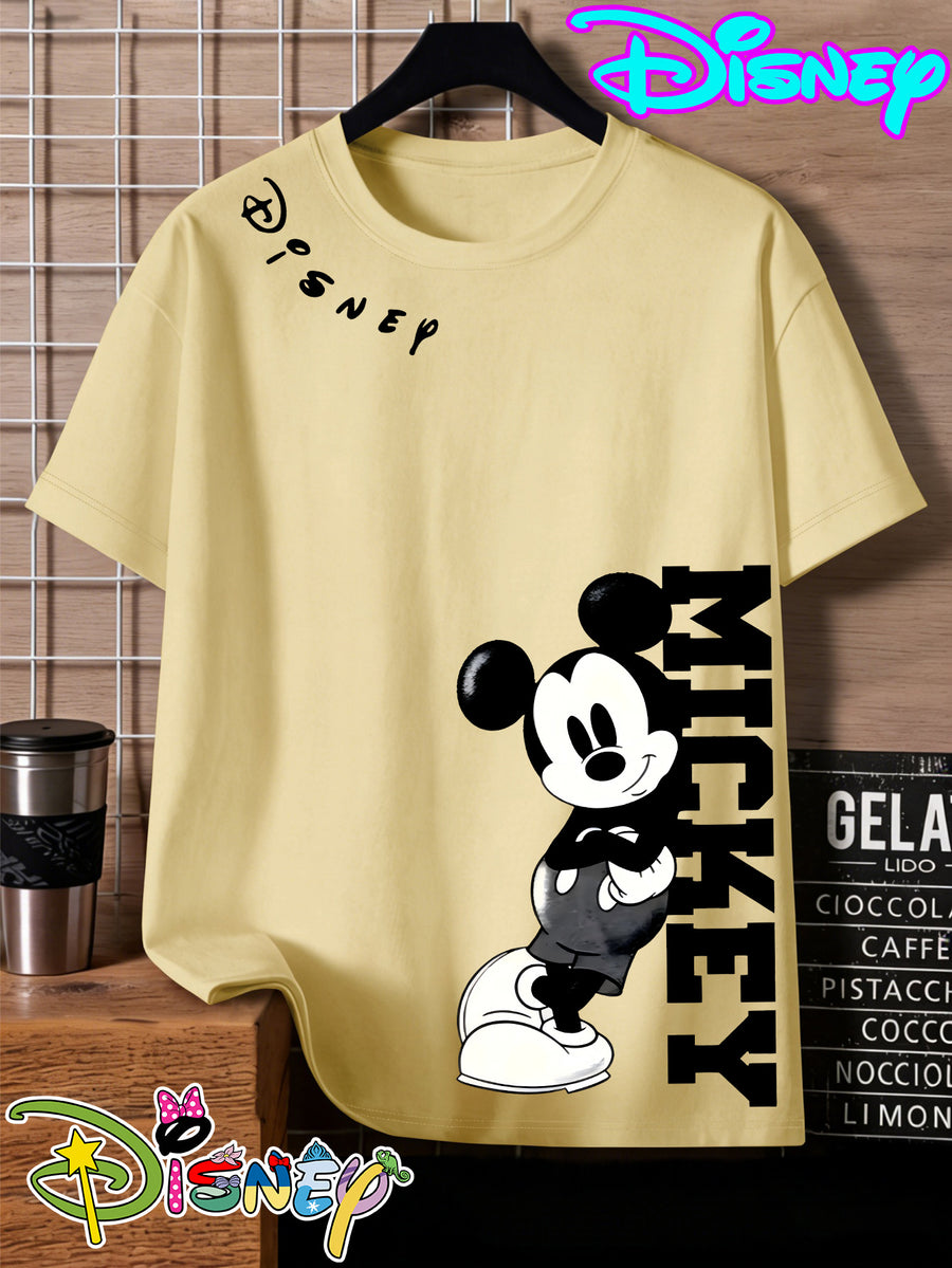 Disney Mickey Black And White Vertical Letter Print Round Neck Short Sleeve T-Shirt, a Minimalist And Trendy Top - Apricot