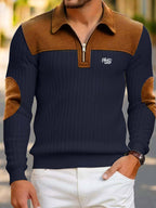 Men'S Contrast Half-Zipper Polo, with Brown Patchwork, Bi-Color Design Men'S Long Sleeve - Navy Color