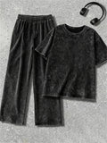 Plus Size - Plus Size - Women'S Fashionable Solid Color Round Neck Washed T-Shirt And Vintage Washed Craft Trousers, Suitable for Spring And Summer, Loose Casual Two-Piece Set - Black
