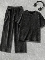 Plus Size - Plus Size - Women'S Fashionable Solid Color Round Neck Washed T-Shirt And Vintage Washed Craft Trousers, Suitable for Spring And Summer, Loose Casual Two-Piece Set - Black
