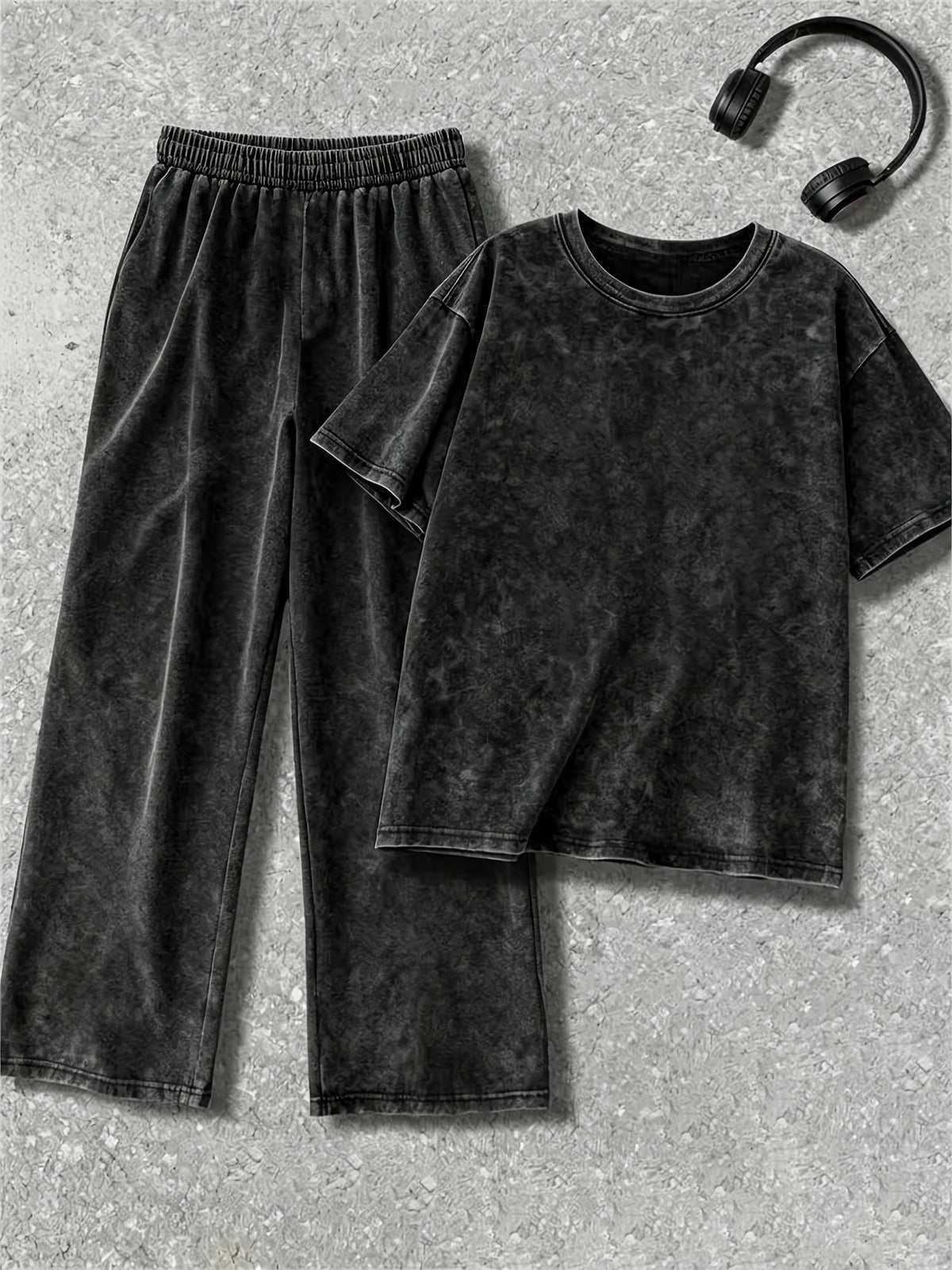 Plus Size - Plus Size - Women'S Fashionable Solid Color Round Neck Washed T-Shirt And Vintage Washed Craft Trousers, Suitable for Spring And Summer, Loose Casual Two-Piece Set - Black