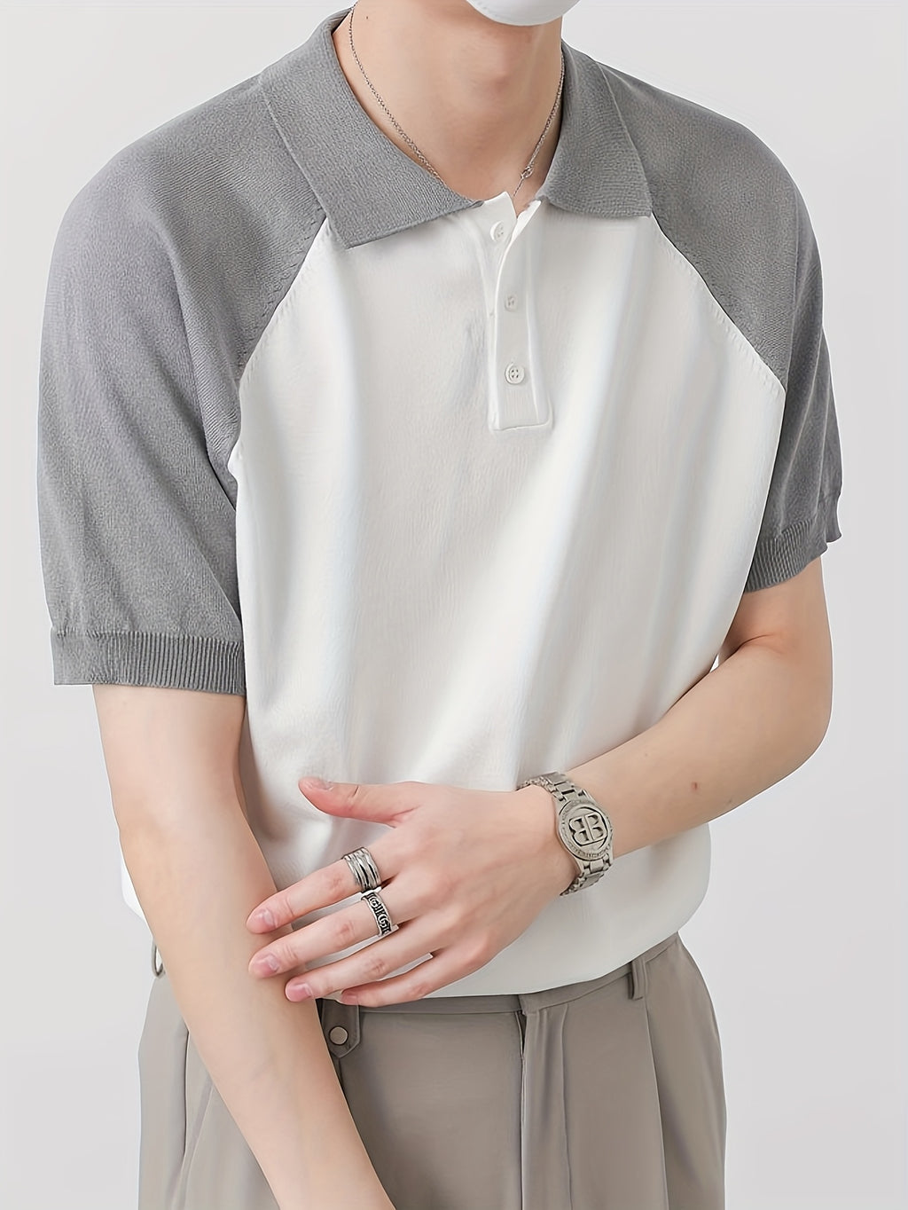 Men'S Color-Block Knit Polo Shirt, Summer Off-Shoulder Short Sleeve Top, Casual Versatile Breathable Base Layer, Light Mature Style Men'S POLO Sweater - White