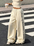 Women's Y2K Wide-Leg High-Waist Drawstring Palazzo Pants, Floor-Length Casual Trousers with Cursive English Letter Print on the Side, Loose-Fit Sweatpants, Trendy Street Style Flowy Joggers, Suitable for Spring, Summer, and Autumn Daily Outings - Mixed colors