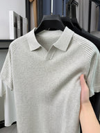Men's V-Neck Knit Short-Sleeve T-Shirt for Autumn/Summer Workplace Wear and Outdoor Sports, Casual Sporty Sweater, Knitted Top with a V-Neck for a Campus-Style Vibe, Business Casual Short-Sleeve Versatile Pullover V-Neck Tee for Banquets - White