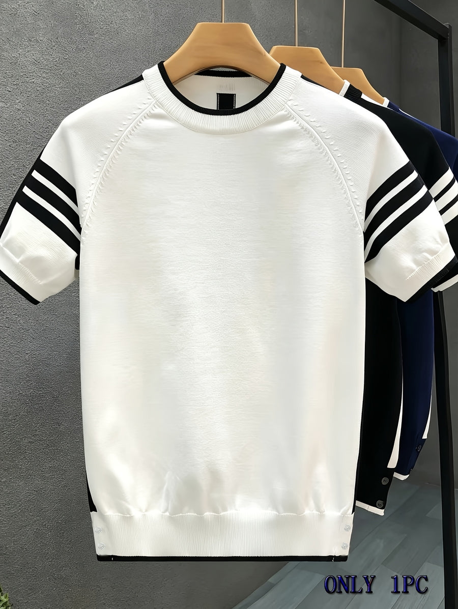 Men'S Knit Pullover Sweater in Stock Summer Light Mature Fashion Brand Contrast Striped Premium Knit Short Sleeve Men'S Round Neck T-Shirt Top - White