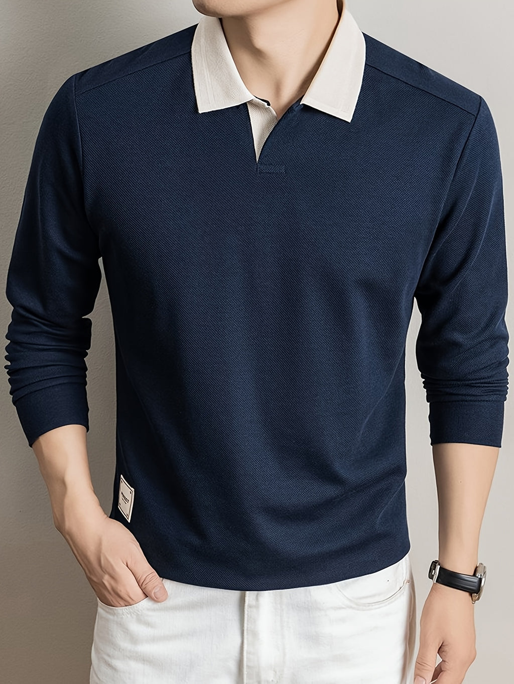 Men's Long-Sleeve T-Shirt, Color-Block Lapel Casual Tee, New Versatile Top for Spring and Autumn - Navy Color