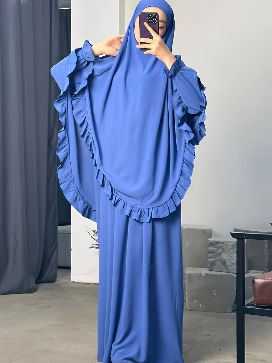 2pcs Set: Middle East Dubai 2pcs Set, Including 1 Solid Color Long Headscarf + 1 Long Robe, Women's Fashion Loose Robe Ramadan Prayer Outfit - Royal Blue