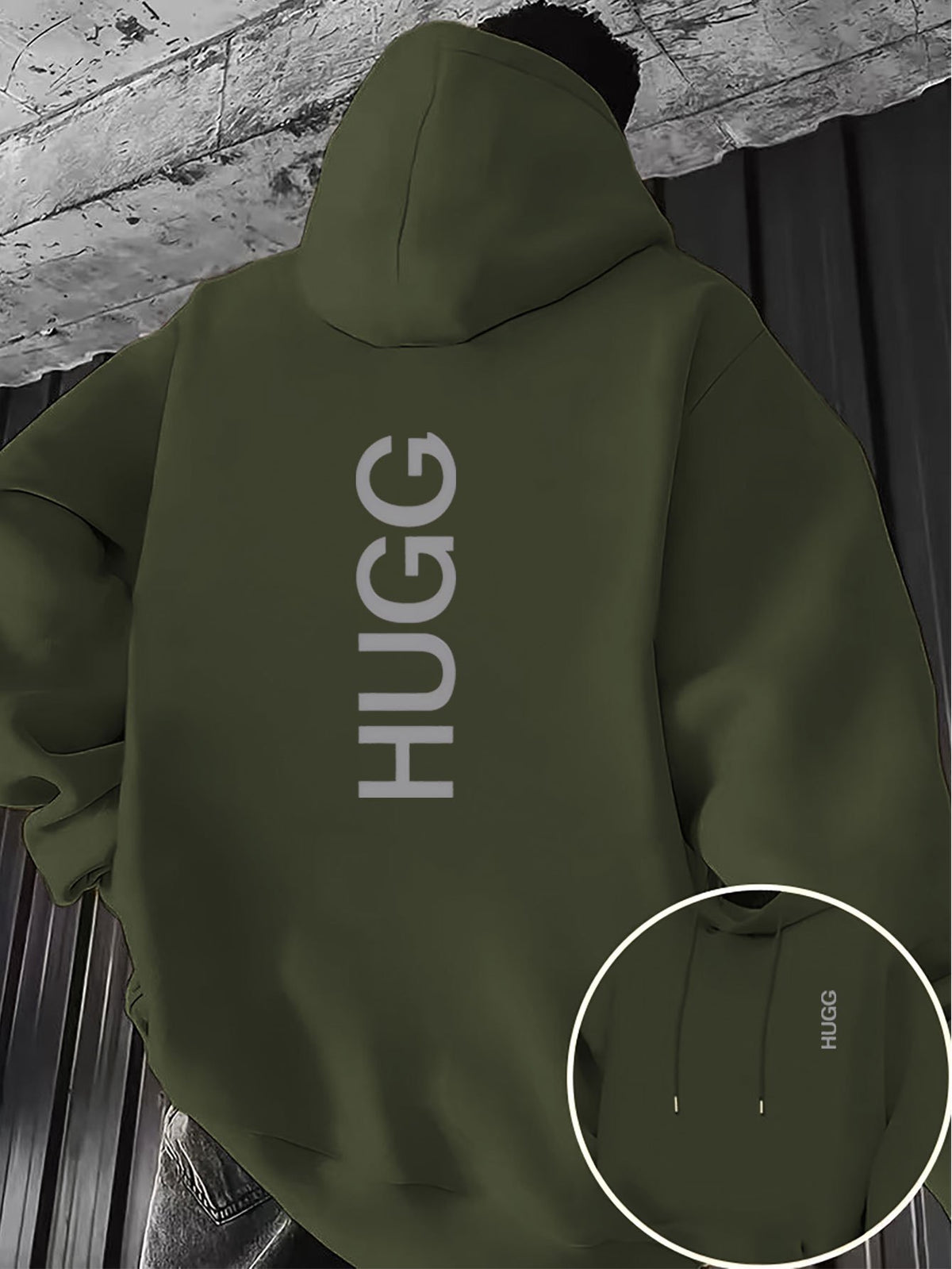 HUGG Embrace Minimalist Vertical Letter Artsy Men'S Hooded Sweatshirt Front And Back Double-Sided Print Pattern Casual Hoodie Daily Wear Comfortable Versatile Suitable for Outdoor Sports Fitness Casual Wear - Military Green