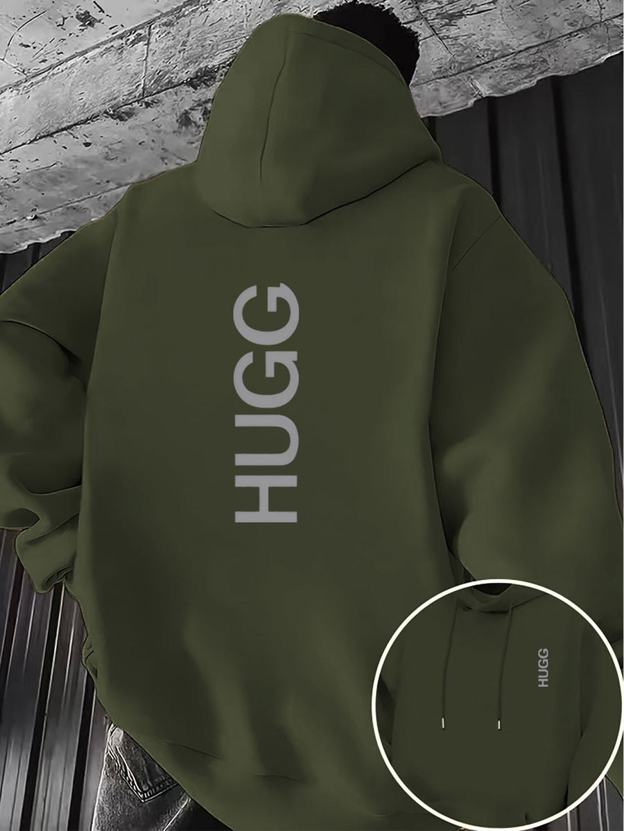 HUGG Embrace Minimalist Vertical Letter Artsy Men'S Hooded Sweatshirt Front And Back Double-Sided Print Pattern Casual Hoodie Daily Wear Comfortable Versatile Suitable for Outdoor Sports Fitness Casual Wear - Military Green