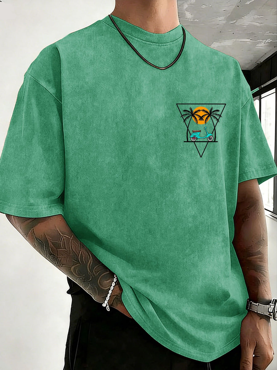 Western Ins Trendy Distressed T-Shirt, Loose Fit Unisex Washed, Double-Sided Print, Sweat-Absorbent And Breathable, Perfect for Midsummer Gatherings And Outdoor Running, Sweat-Resistant - Green