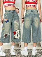 Y2K Vintage Washed Denim Capri Pants, 3D Plush Bear And English Letter Pattern, Wide Leg Mid-Length Shorts, High Waist Style, Fashion Casual All-Match Women'S Fashion > Women'S Clothing > Women'S Denim > Women'S Denim Shorts - Blue