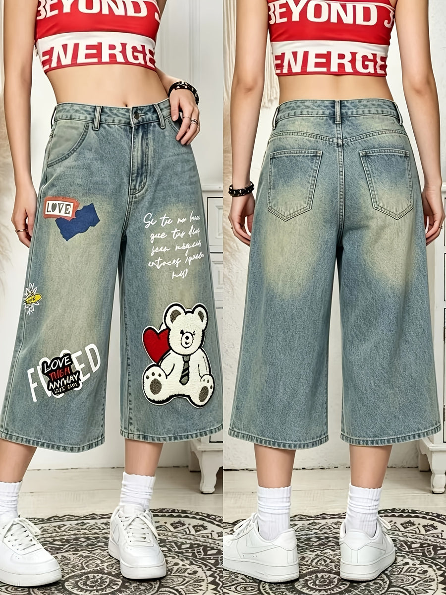 Y2K Vintage Washed Denim Capri Pants, 3D Plush Bear And English Letter Pattern, Wide Leg Mid-Length Shorts, High Waist Style, Fashion Casual All-Match Women'S Fashion > Women'S Clothing > Women'S Denim > Women'S Denim Shorts - Blue