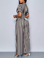 Print Batwing Sleeve Random Print Jumpsuit - Black Strips