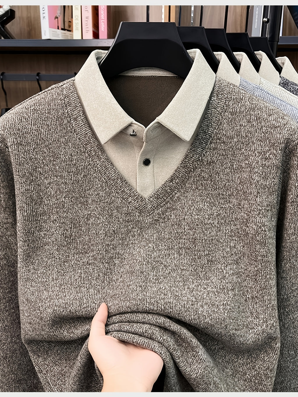 Men'S Autumn V-Neck Faux Two-Piece Pullover Sweater Top, Shirt Collar Patchwork Sweater, Casual Sportswear Top, Warm And Comfortable, Autumn Business Casual Daily Travel Commute Gift Choice, Knit - Light Coffee