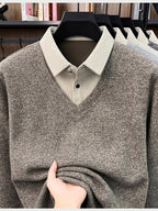 Men'S Autumn V-Neck Faux Two-Piece Pullover Sweater Top, Shirt Collar Patchwork Sweater, Casual Sportswear Top, Warm And Comfortable, Autumn Business Casual Daily Travel Commute Gift Choice, Knit - Light Coffee