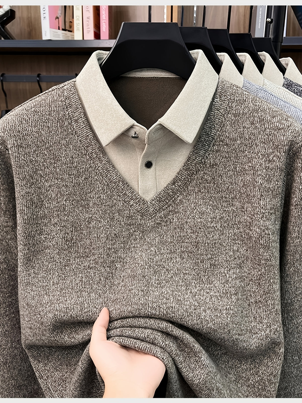 Men'S Autumn V-Neck Faux Two-Piece Pullover Sweater Top, Shirt Collar Patchwork Sweater, Casual Sportswear Top, Warm And Comfortable, Autumn Business Casual Daily Travel Commute Gift Choice, Knit - Light Coffee