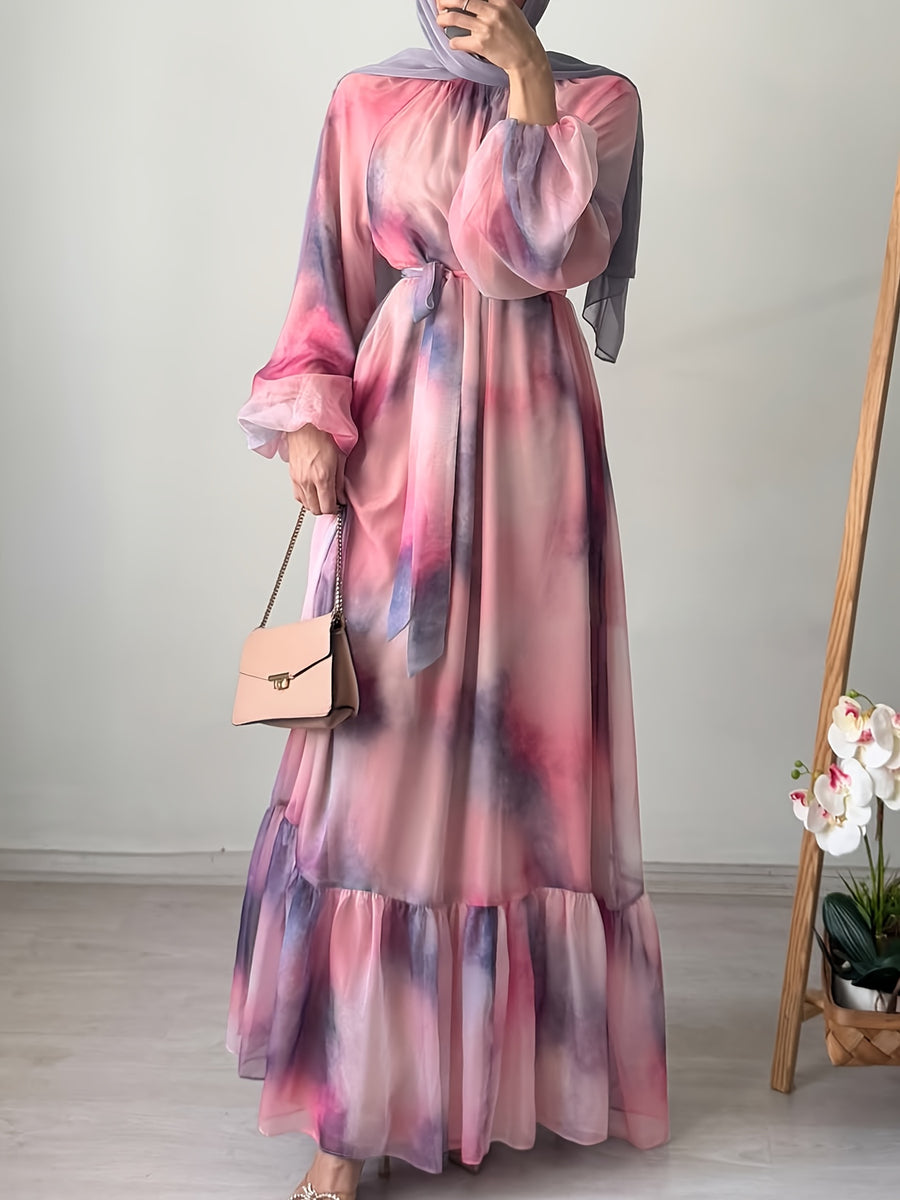 Women's Casual Elegant Middle Eastern-Inspired Tie-Dye Long Sleeve Dress with Waist Belt - Machine Washable All-Season Comfort for Gatherings, Vacations & Daily Wear - Pink Color