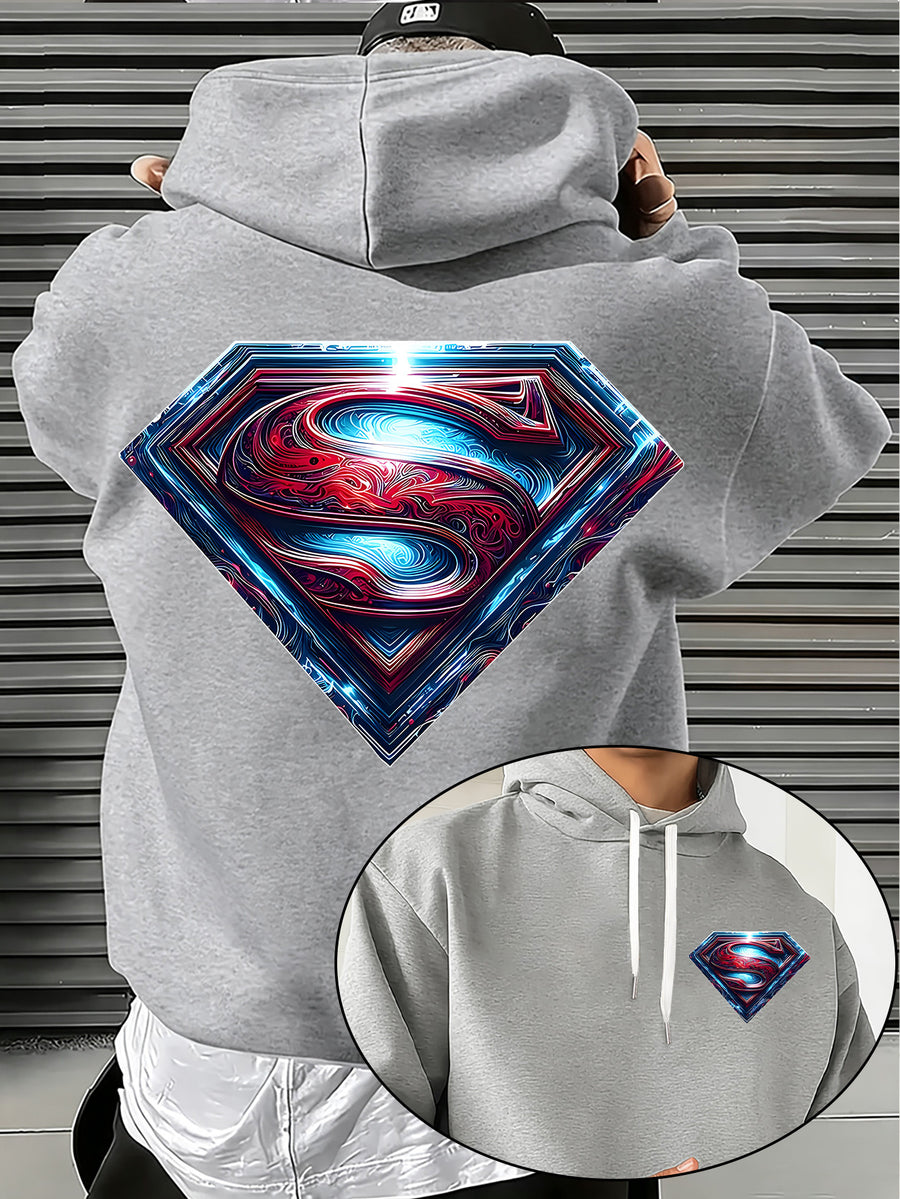 Warner Bros. Official Light and Shadow Superman S-Logo Printed Hooded Sweatshirt — Unisex Loose Pullover, Suitable for Casual, Sports, and Daily Wear, Machine Washable and Warm, for Autumn and Winter - Light Grey