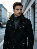 Men'S Lapel Mid-Length Casual Trench Coat, Single-Breasted Utility Style Jacket, with Epaulettes, Metal Buttons, Zipper-Decorated Pocket, Spring/Autumn Casual Outerwear, Suitable for Office And Daily Commute, Men'S Business Coat - Black