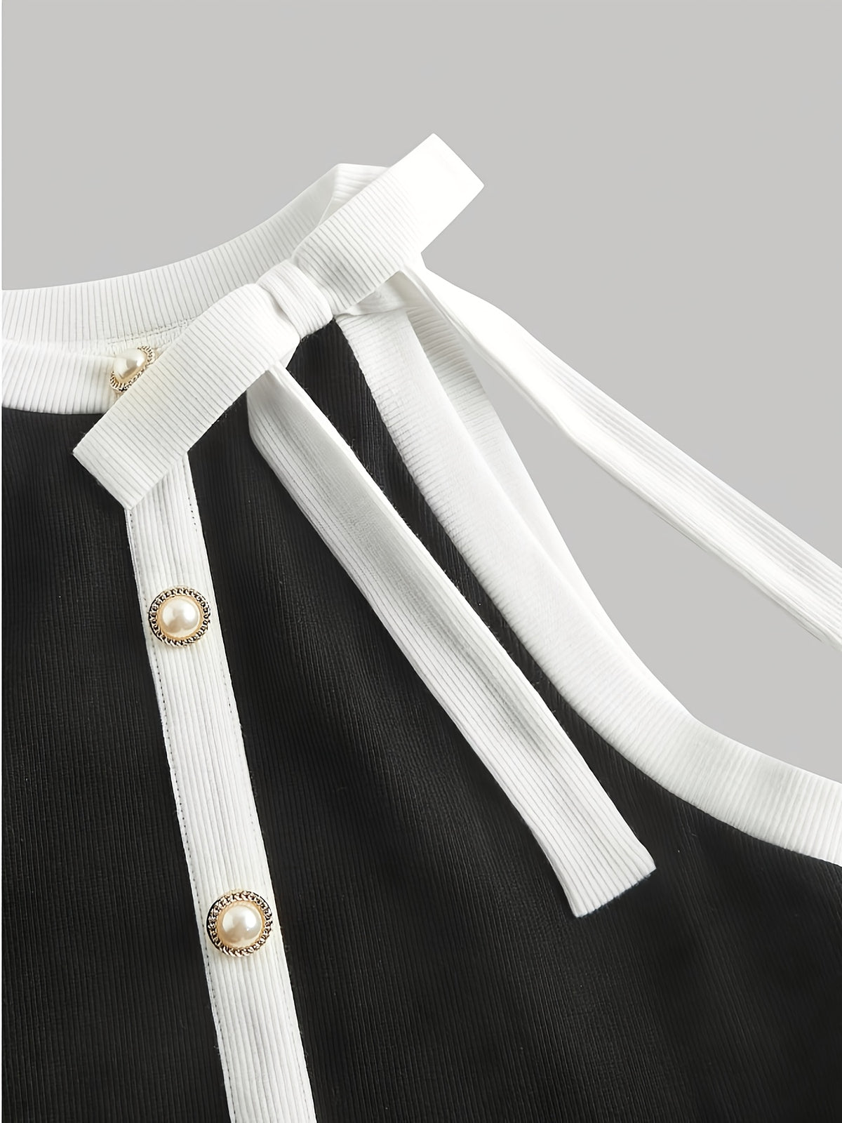 Women'S Elegant Exquisite Round Neck Sleeveless Bowknot Decoration Fake Button Dress Women'S Black And White Color Block A-Line Short-Length Dress Bridesmaid Dress Women'S - Black