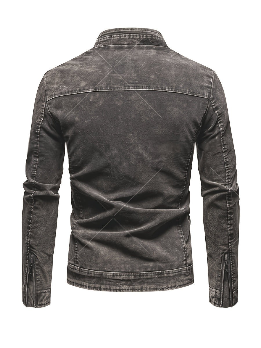2026 New Washed Tie-Dye Denim Jacket for Men, Korean Style, Fashionable, Spring And Autumn Season, Chest Zipper Decoration, Versatile, Motorcycle Style, Cool And Casual Denim Clothing - Grey