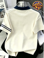 1pc, American Retro Easy Style Versatile Polo Shirt, Preppy Casual Couple Short Sleeve Top, Summer Daily Outing, Campus Wear, Student Couple Choice - Unisex - Navy Color